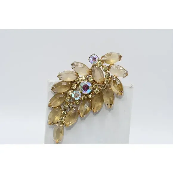 Vintage Light Topaz Rhinestone Floral Brooch AB Open Back 1950s 1960s